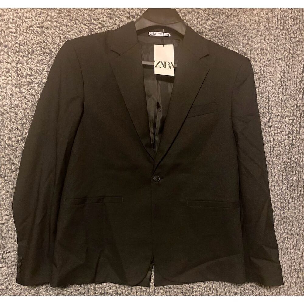 Zara Men's Black Wool Blazer Jacket XL Classic Tailored Formal